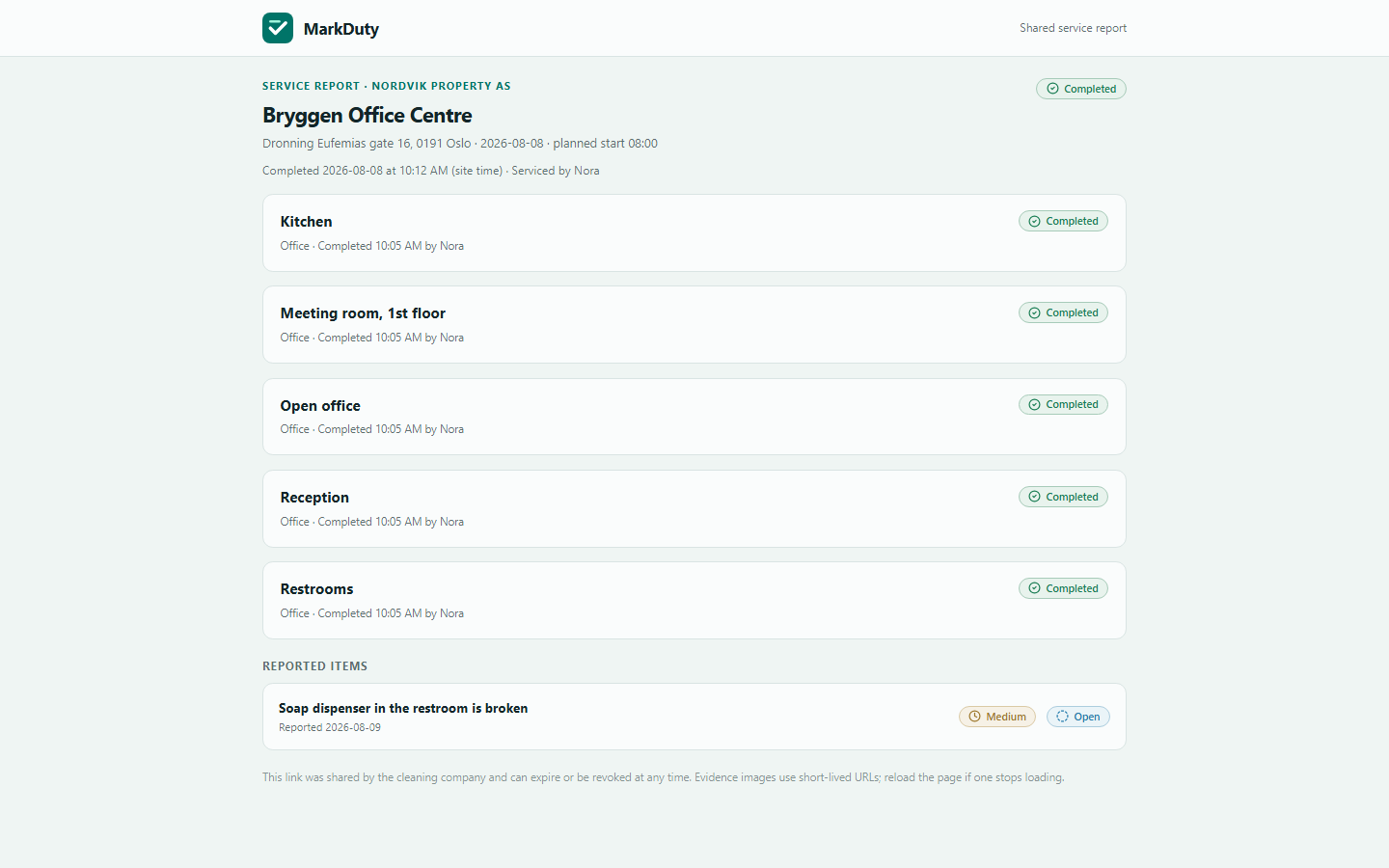 A shared MarkDuty service report opened without signing in, showing a completed visit with every area marked completed