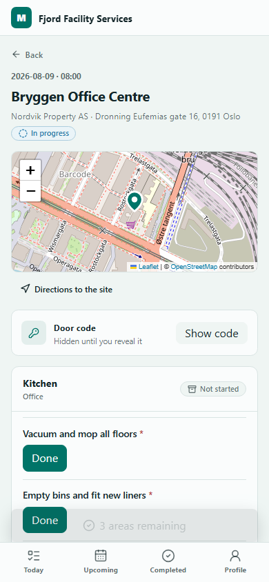 A live visit in the MarkDuty mobile app with its area checklist, including a critical requirement